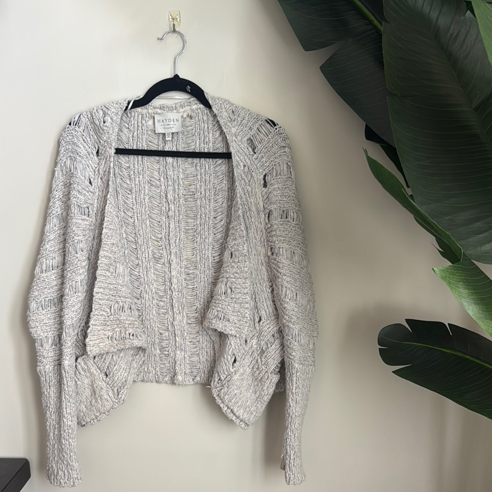 Hayden Gray Distressed Cardigan Sweater with Waterfall Front